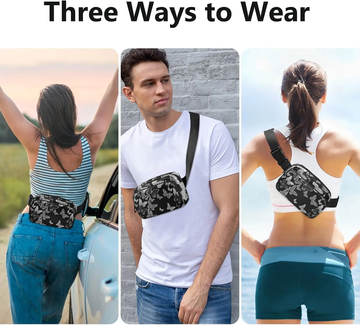 Silver White Flying Butterflies Luxury Gold Foil Butterfly Adjustable Belt Running Bag, Crossbody Fanny Pack Waist Runners Bag Tote for Women Men Sports Hiking Fitness Exercise Gym Pouch