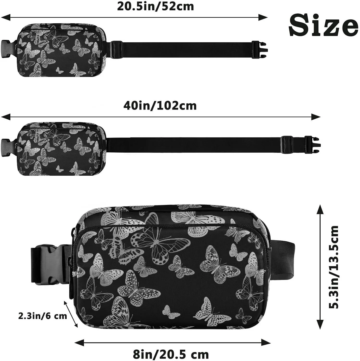 Silver White Flying Butterflies Luxury Gold Foil Butterfly Adjustable Belt Running Bag, Crossbody Fanny Pack Waist Runners Bag Tote for Women Men Sports Hiking Fitness Exercise Gym Pouch