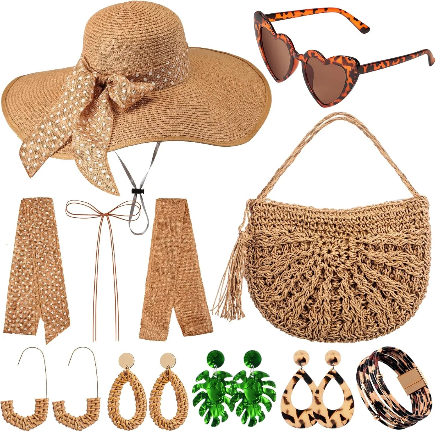 Sintuff 15 Pcs Summer Women Wide Brim Sun Hats Straw Shoulder Bag Set with Tropical Beach Sunglasses Earrings and Bracelet