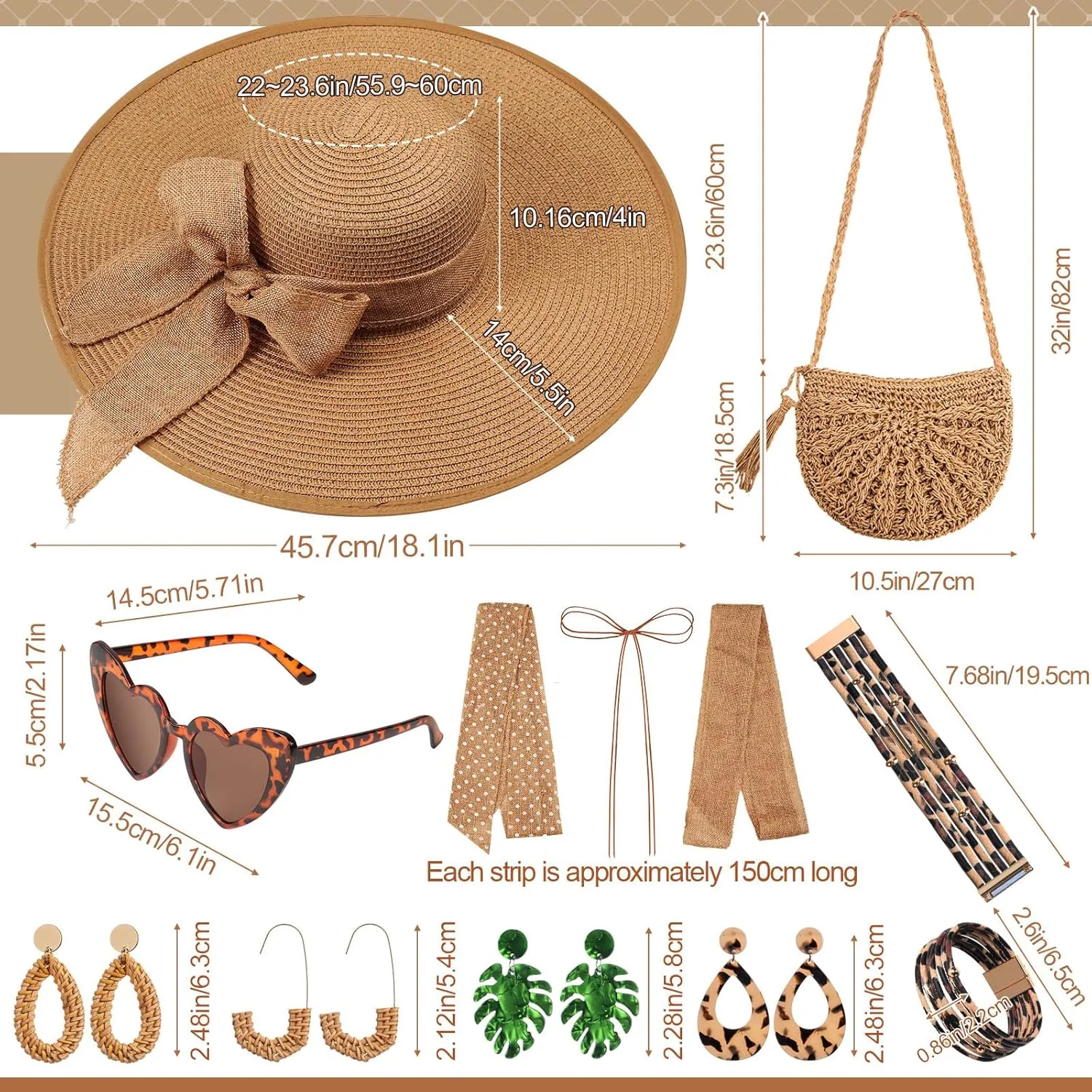 Sintuff 15 Pcs Summer Women Wide Brim Sun Hats Straw Shoulder Bag Set with Tropical Beach Sunglasses Earrings and Bracelet
