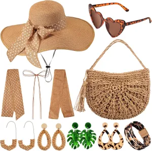 Sintuff 15 Pcs Summer Women Wide Brim Sun Hats Straw Shoulder Bag Set with Tropical Beach Sunglasses Earrings and Bracelet
