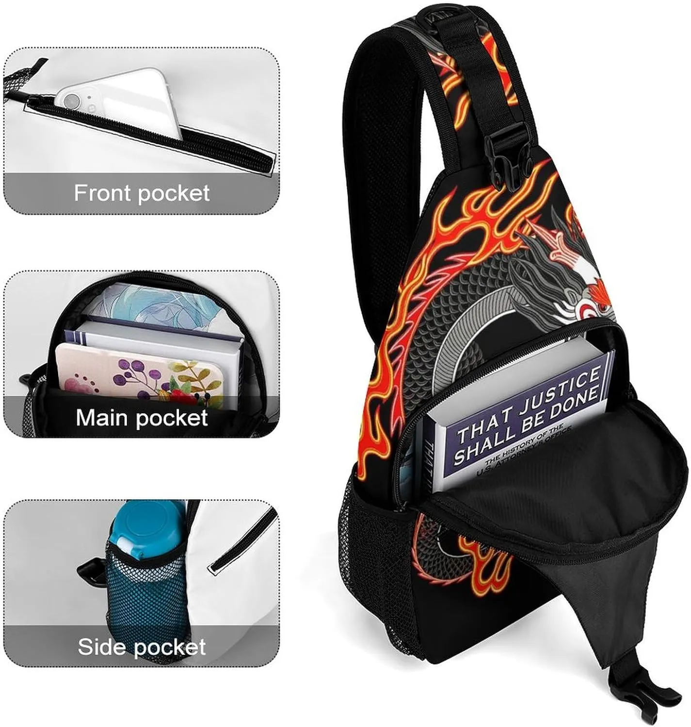 Sling Bag Backpack for Men Women Anti-Theft Multipurpose Casual Carrying Tote Case Crossbody Travel Messenger Bag, Burning Flaming Fire Chinese Dragon Art Crossbody Sling Backpack