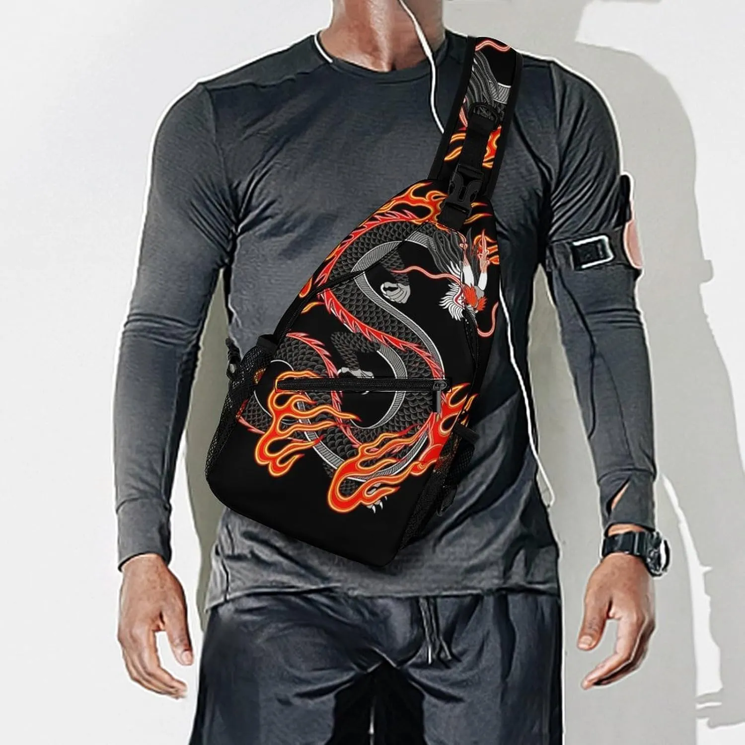 Sling Bag Backpack for Men Women Anti-Theft Multipurpose Casual Carrying Tote Case Crossbody Travel Messenger Bag, Burning Flaming Fire Chinese Dragon Art Crossbody Sling Backpack