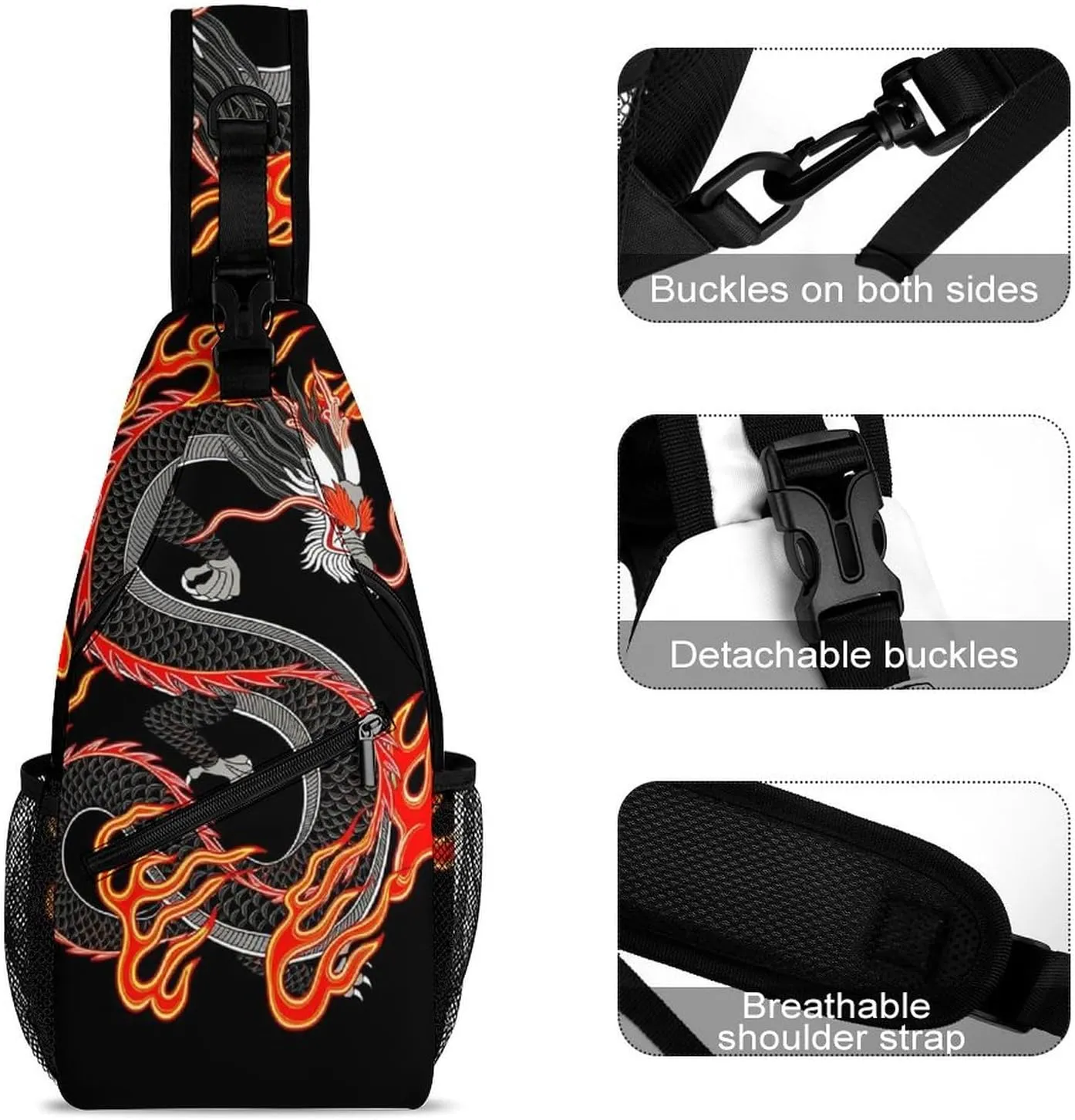 Sling Bag Backpack for Men Women Anti-Theft Multipurpose Casual Carrying Tote Case Crossbody Travel Messenger Bag, Burning Flaming Fire Chinese Dragon Art Crossbody Sling Backpack