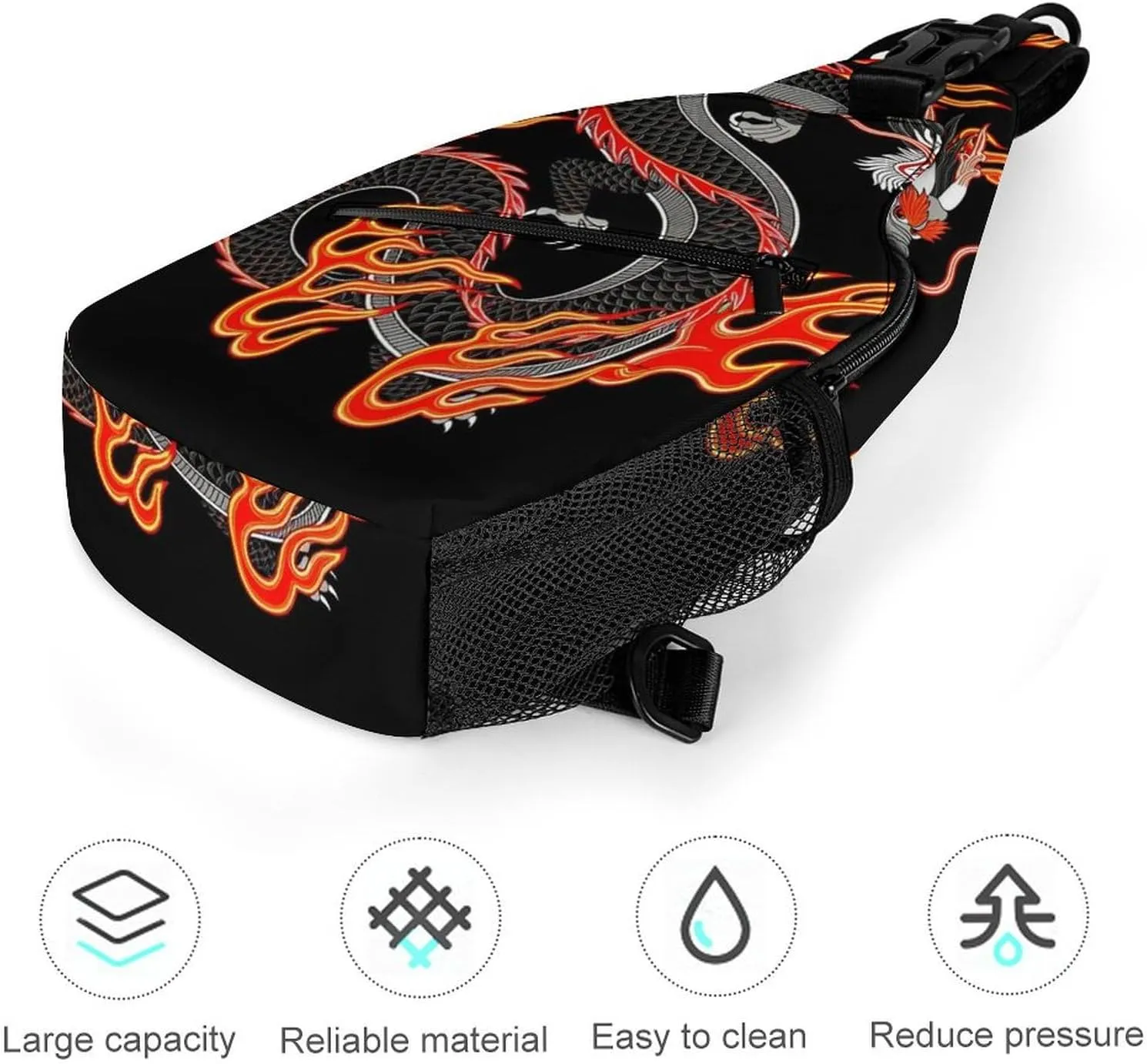 Sling Bag Backpack for Men Women Anti-Theft Multipurpose Casual Carrying Tote Case Crossbody Travel Messenger Bag, Burning Flaming Fire Chinese Dragon Art Crossbody Sling Backpack
