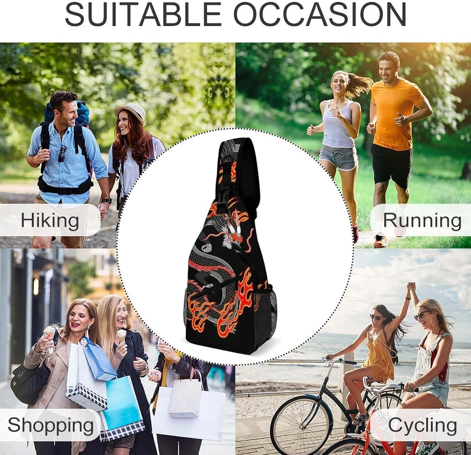 Sling Bag Backpack for Men Women Anti-Theft Multipurpose Casual Carrying Tote Case Crossbody Travel Messenger Bag, Burning Flaming Fire Chinese Dragon Art Crossbody Sling Backpack