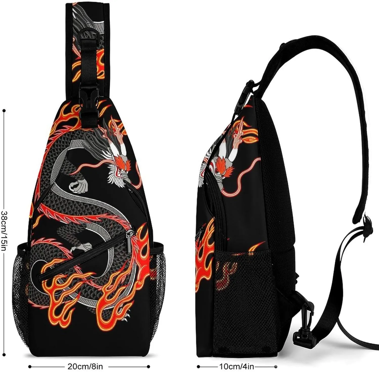 Sling Bag Backpack for Men Women Anti-Theft Multipurpose Casual Carrying Tote Case Crossbody Travel Messenger Bag, Burning Flaming Fire Chinese Dragon Art Crossbody Sling Backpack