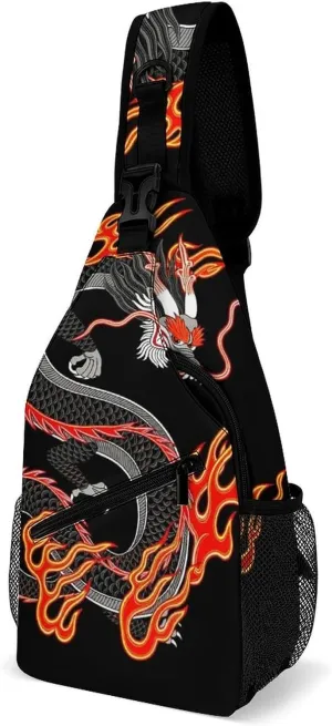 Sling Bag Backpack for Men Women Anti-Theft Multipurpose Casual Carrying Tote Case Crossbody Travel Messenger Bag, Burning Flaming Fire Chinese Dragon Art Crossbody Sling Backpack
