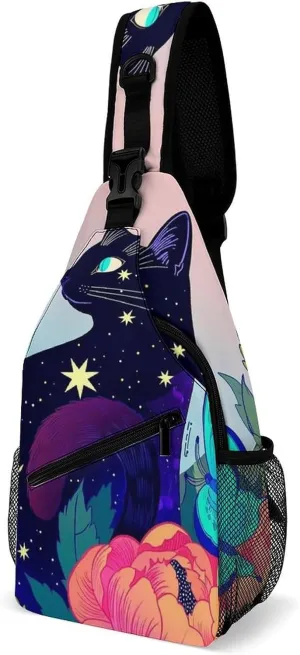 Sling Bag Backpack for Men Women Multipurpose Anti-Theft Satchel Bookbags Travel Rucksack Daypack Bookbag, Black Cat Flower Butterfly Starry Sky Dream Scene Art Shoulder Crossbody Bag Chest Pack
