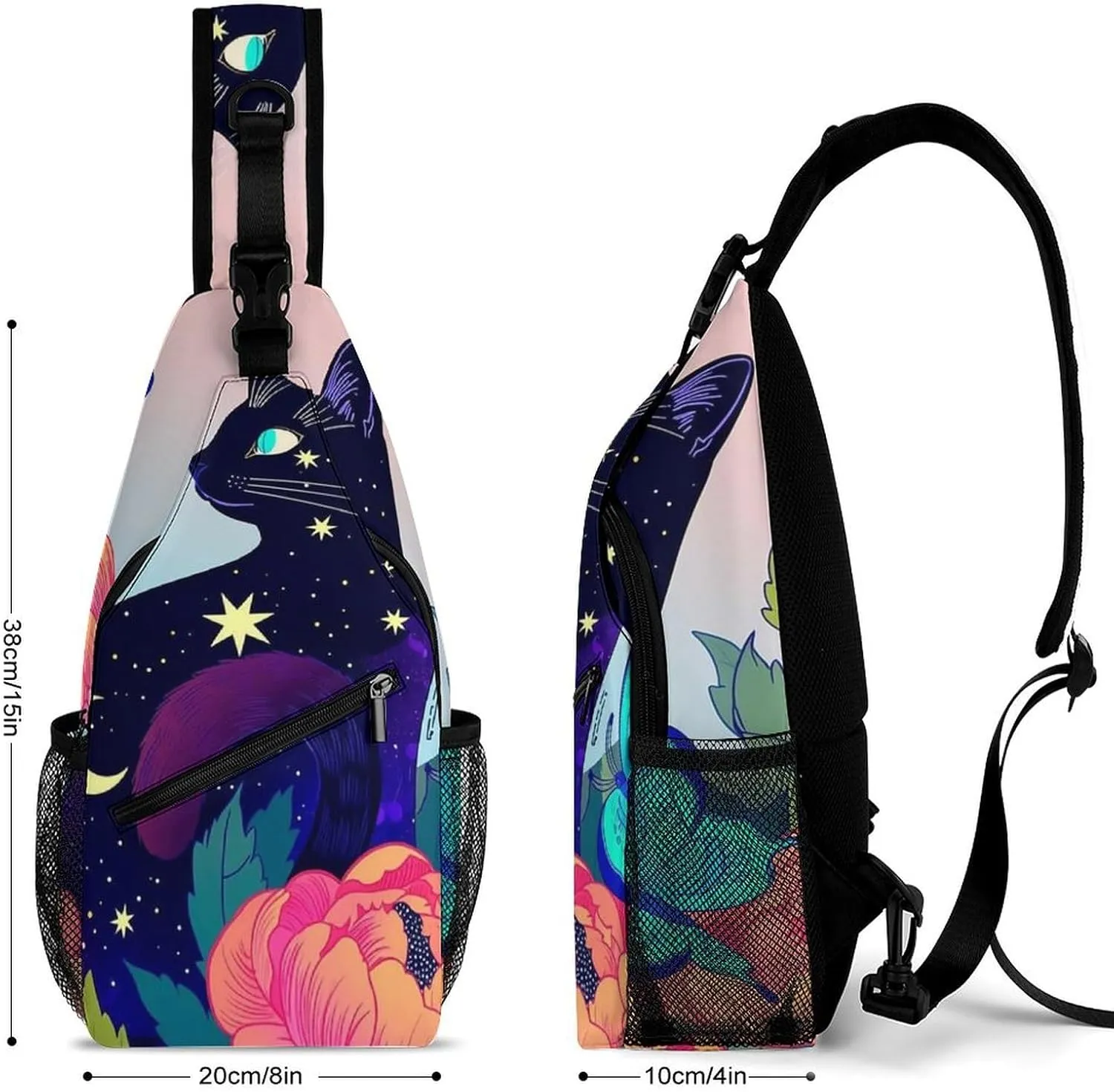 Sling Bag Backpack for Men Women Multipurpose Anti-Theft Satchel Bookbags Travel Rucksack Daypack Bookbag, Black Cat Flower Butterfly Starry Sky Dream Scene Art Shoulder Crossbody Bag Chest Pack