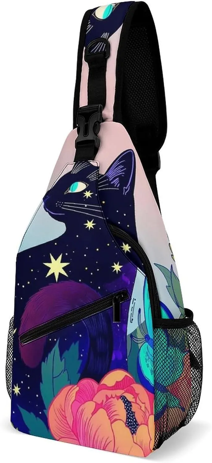 Sling Bag Backpack for Men Women Multipurpose Anti-Theft Satchel Bookbags Travel Rucksack Daypack Bookbag, Black Cat Flower Butterfly Starry Sky Dream Scene Art Shoulder Crossbody Bag Chest Pack