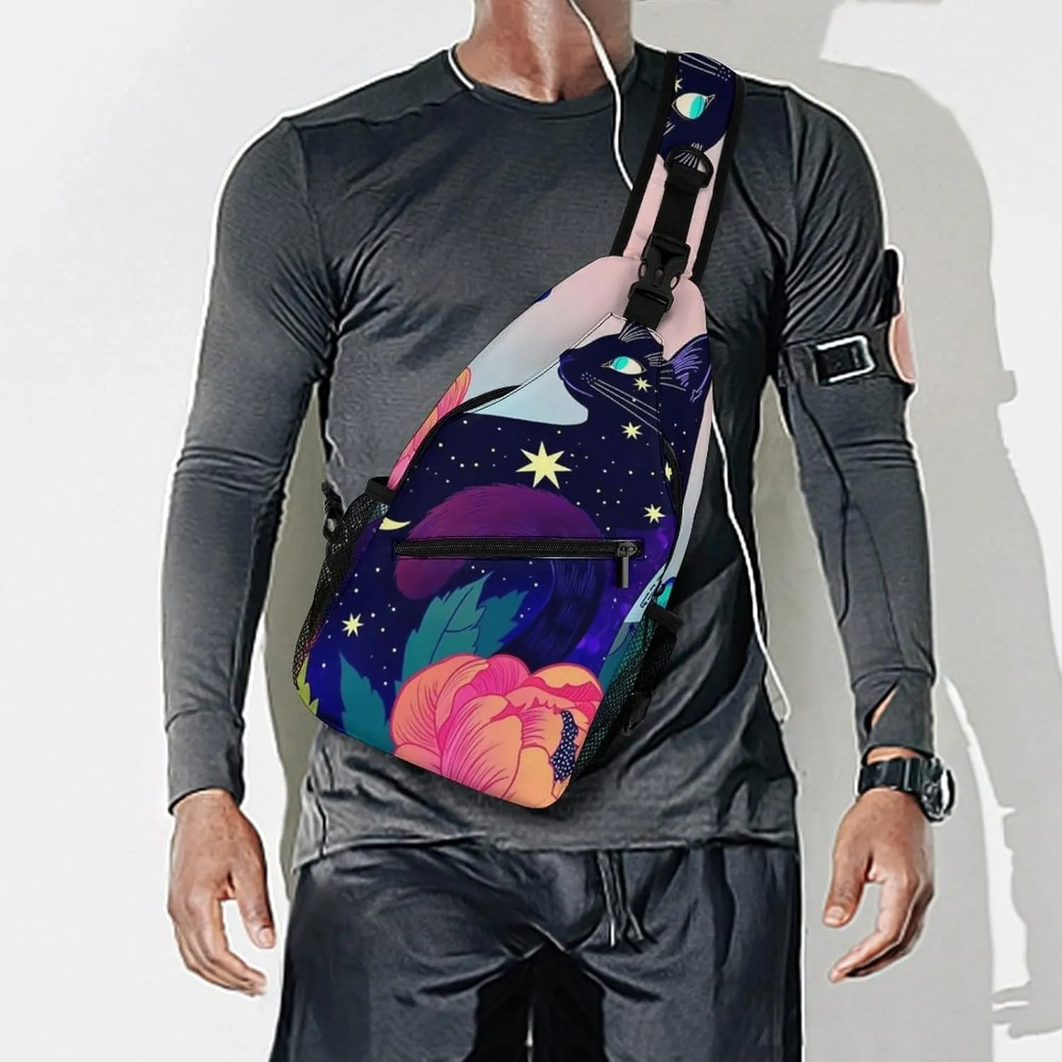Sling Bag Backpack for Men Women Multipurpose Anti-Theft Satchel Bookbags Travel Rucksack Daypack Bookbag, Black Cat Flower Butterfly Starry Sky Dream Scene Art Shoulder Crossbody Bag Chest Pack