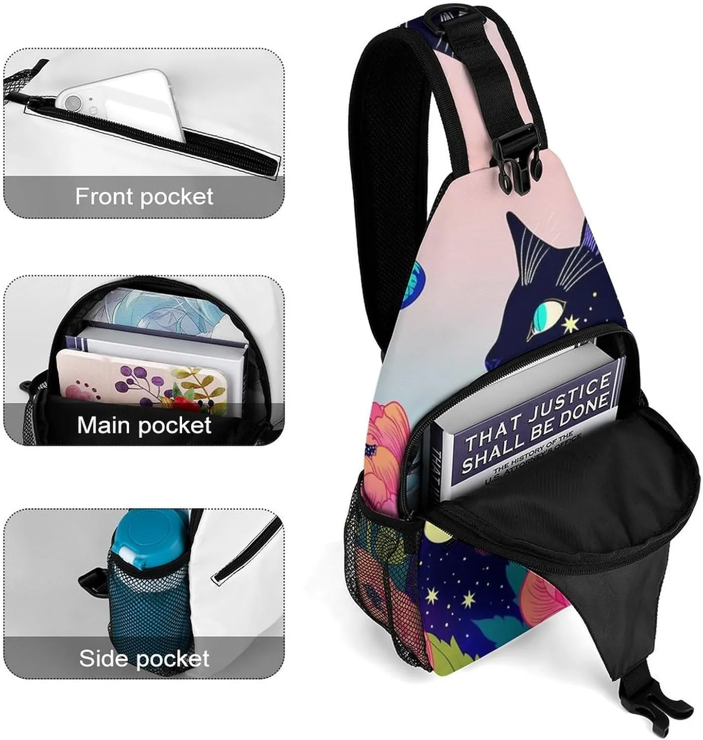Sling Bag Backpack for Men Women Multipurpose Anti-Theft Satchel Bookbags Travel Rucksack Daypack Bookbag, Black Cat Flower Butterfly Starry Sky Dream Scene Art Shoulder Crossbody Bag Chest Pack