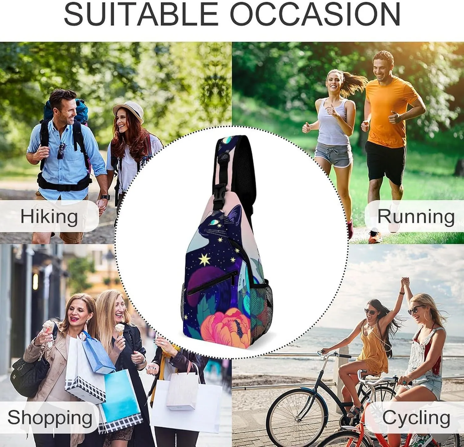 Sling Bag Backpack for Men Women Multipurpose Anti-Theft Satchel Bookbags Travel Rucksack Daypack Bookbag, Black Cat Flower Butterfly Starry Sky Dream Scene Art Shoulder Crossbody Bag Chest Pack