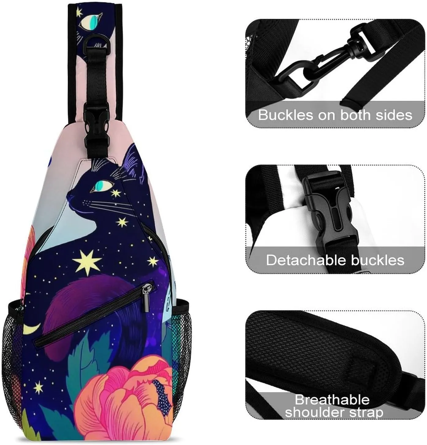 Sling Bag Backpack for Men Women Multipurpose Anti-Theft Satchel Bookbags Travel Rucksack Daypack Bookbag, Black Cat Flower Butterfly Starry Sky Dream Scene Art Shoulder Crossbody Bag Chest Pack
