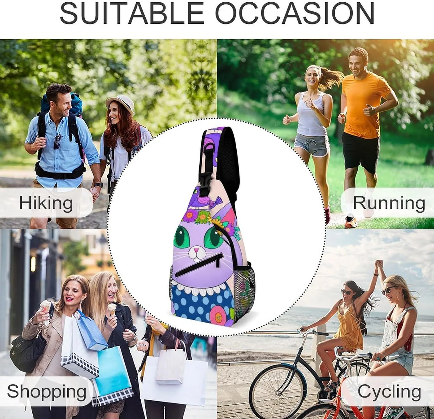 Sling Bag Backpack for Women Men Multipurpose Anti-Theft Gym Crossbody Sack Satchel Outdoor Hiking Backpack, Cartoon Cats Birds Flowers Childlike And Dreamy Art Chest Day Bag