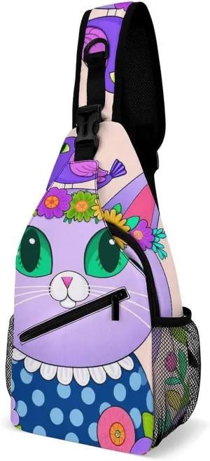Sling Bag Backpack for Women Men Multipurpose Anti-Theft Gym Crossbody Sack Satchel Outdoor Hiking Backpack, Cartoon Cats Birds Flowers Childlike And Dreamy Art Chest Day Bag