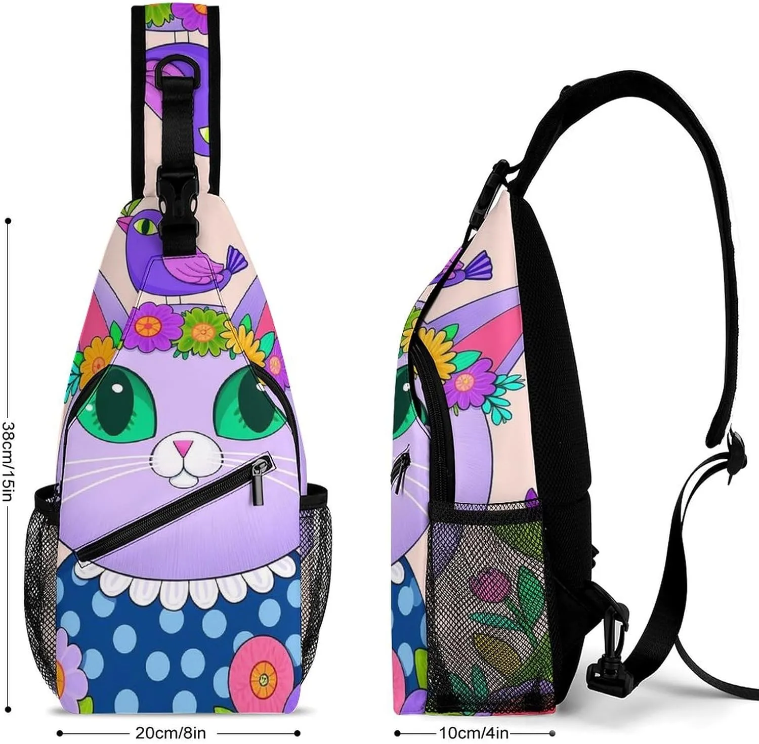 Sling Bag Backpack for Women Men Multipurpose Anti-Theft Gym Crossbody Sack Satchel Outdoor Hiking Backpack, Cartoon Cats Birds Flowers Childlike And Dreamy Art Chest Day Bag