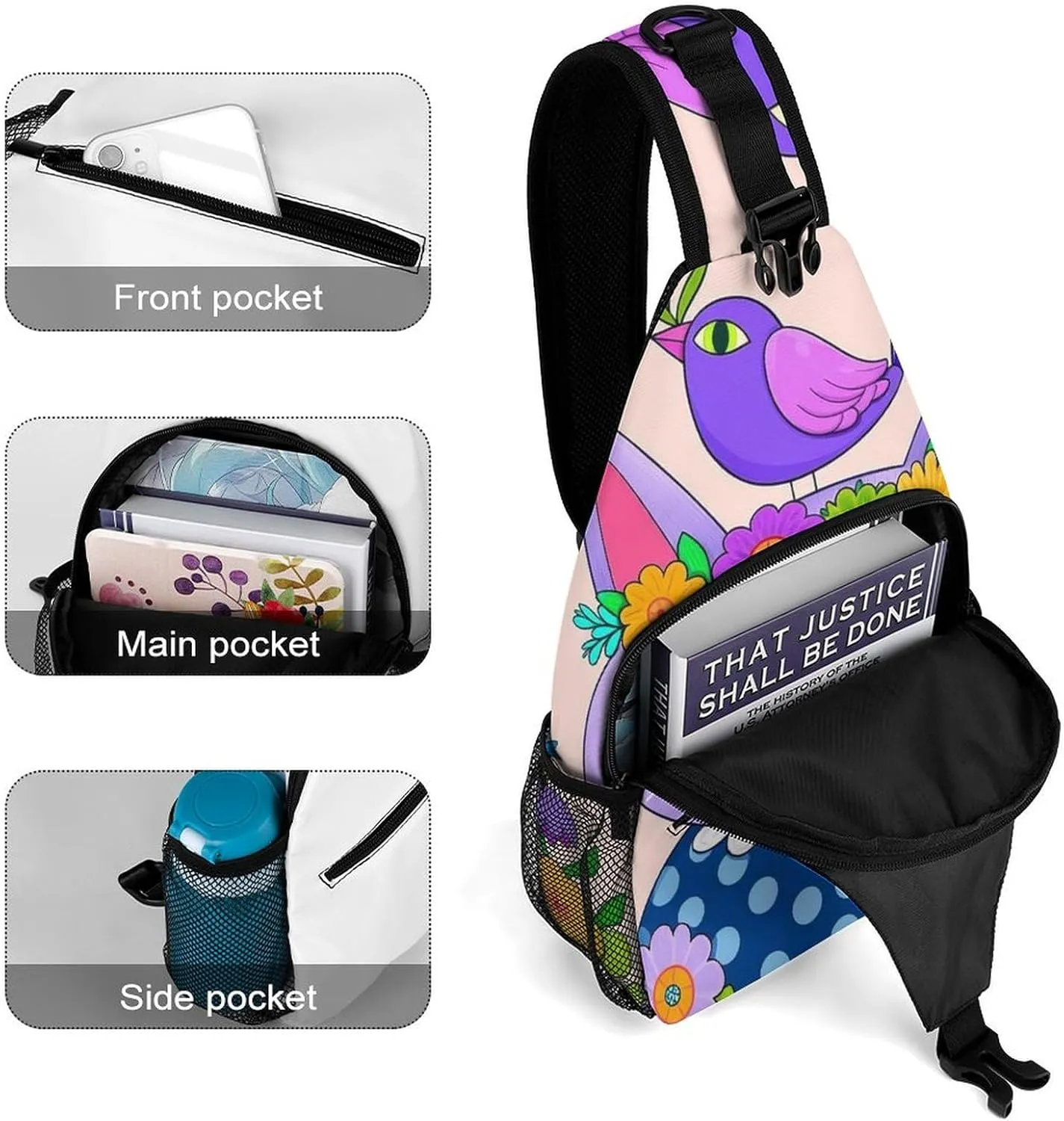 Sling Bag Backpack for Women Men Multipurpose Anti-Theft Gym Crossbody Sack Satchel Outdoor Hiking Backpack, Cartoon Cats Birds Flowers Childlike And Dreamy Art Chest Day Bag
