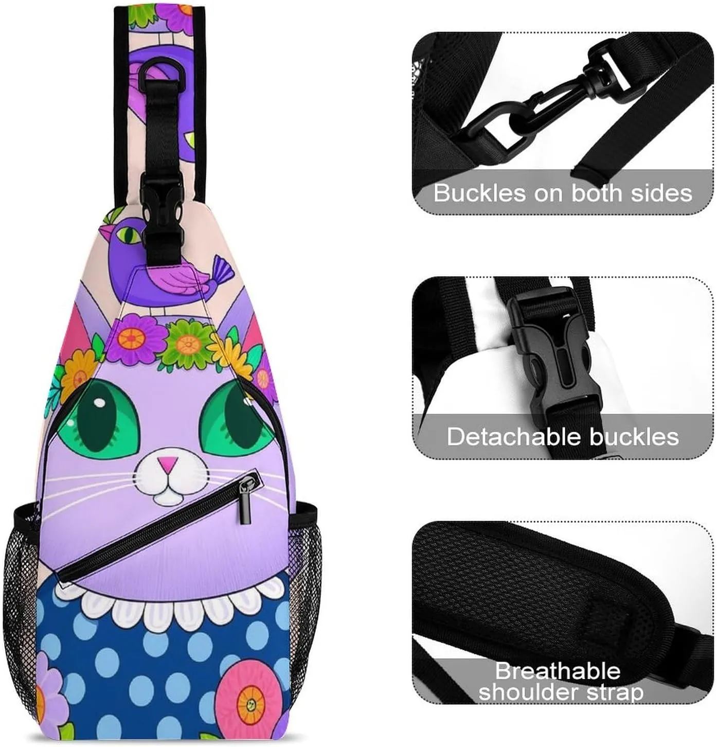 Sling Bag Backpack for Women Men Multipurpose Anti-Theft Gym Crossbody Sack Satchel Outdoor Hiking Backpack, Cartoon Cats Birds Flowers Childlike And Dreamy Art Chest Day Bag
