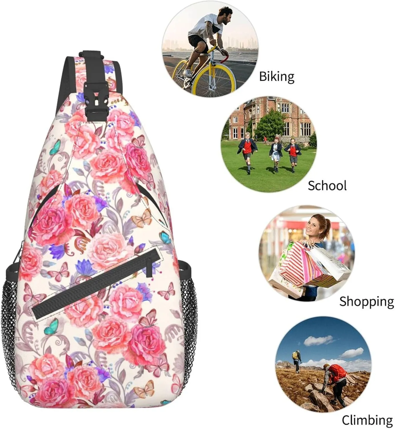 Sling Bag Floral Rose With Leaves Spring Print Sling Backpack Crossbody Chest Bag Daypack For Hiking Travel