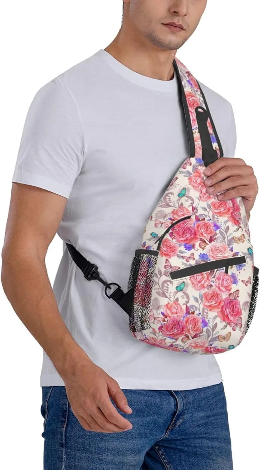Sling Bag Floral Rose With Leaves Spring Print Sling Backpack Crossbody Chest Bag Daypack For Hiking Travel