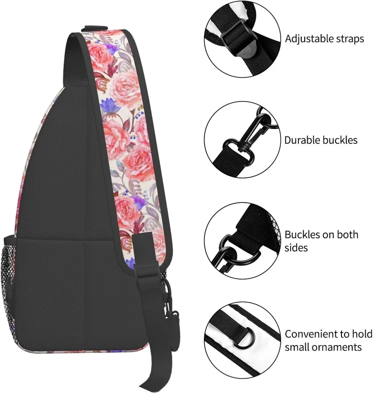 Sling Bag Floral Rose With Leaves Spring Print Sling Backpack Crossbody Chest Bag Daypack For Hiking Travel