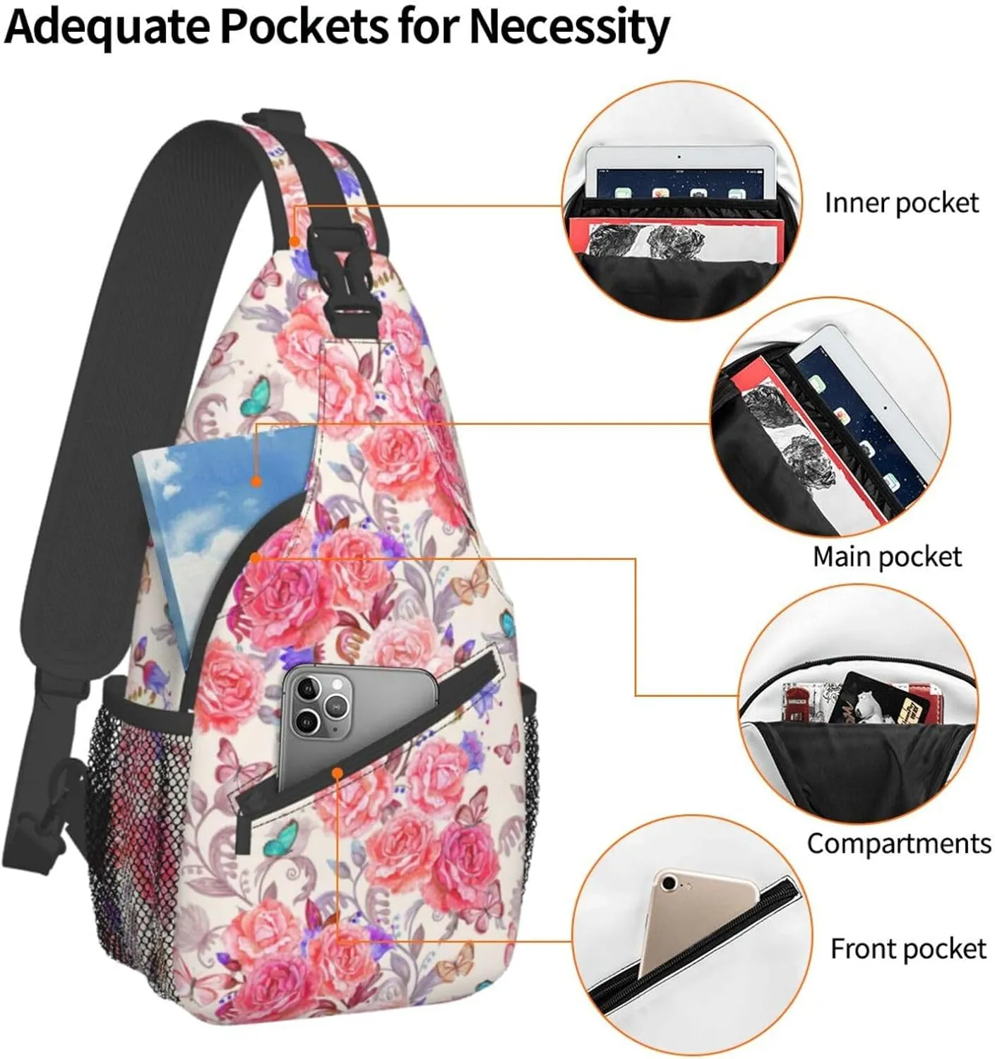 Sling Bag Floral Rose With Leaves Spring Print Sling Backpack Crossbody Chest Bag Daypack For Hiking Travel