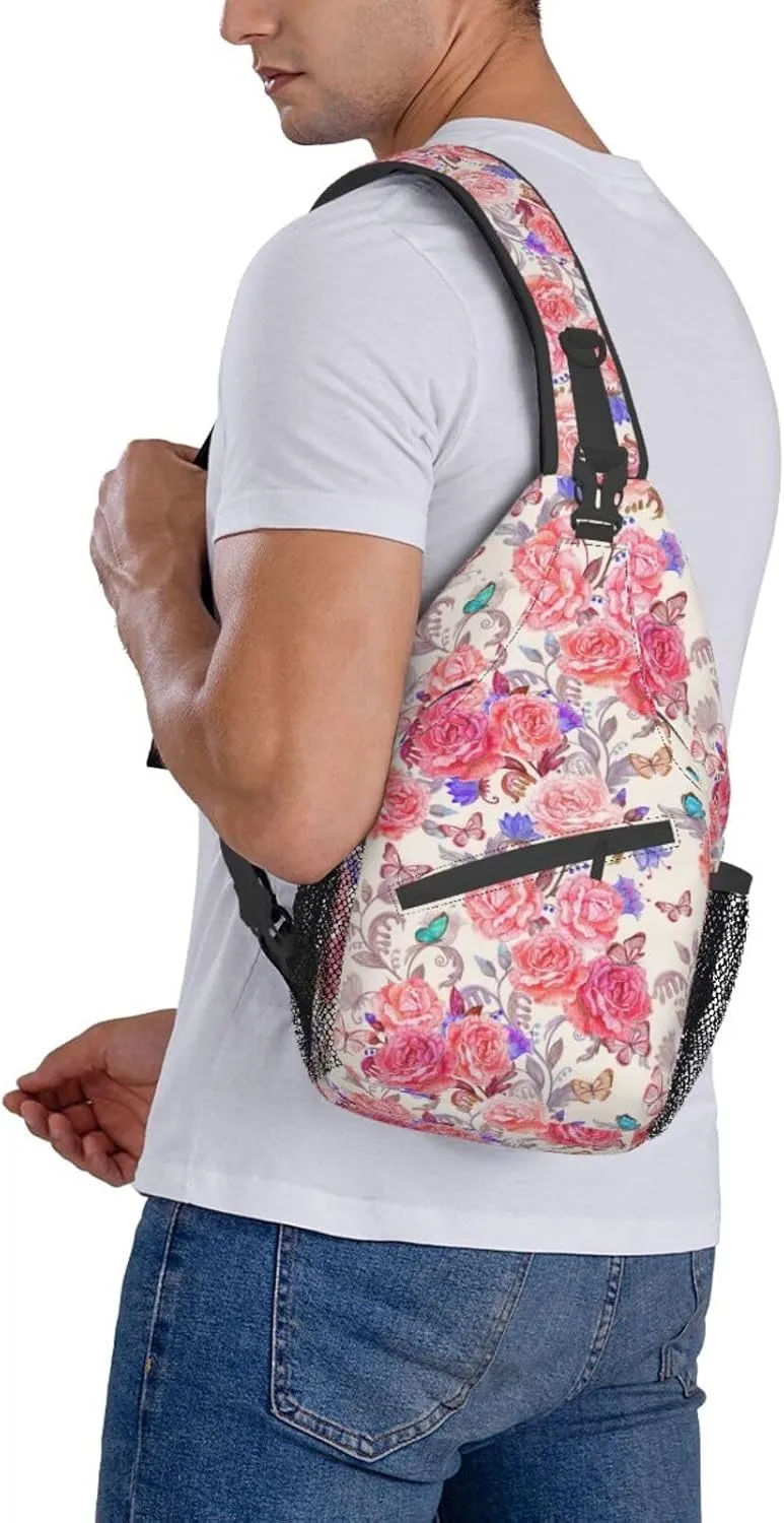 Sling Bag Floral Rose With Leaves Spring Print Sling Backpack Crossbody Chest Bag Daypack For Hiking Travel
