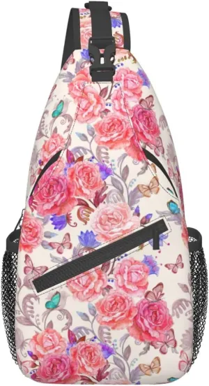 Sling Bag Floral Rose With Leaves Spring Print Sling Backpack Crossbody Chest Bag Daypack For Hiking Travel