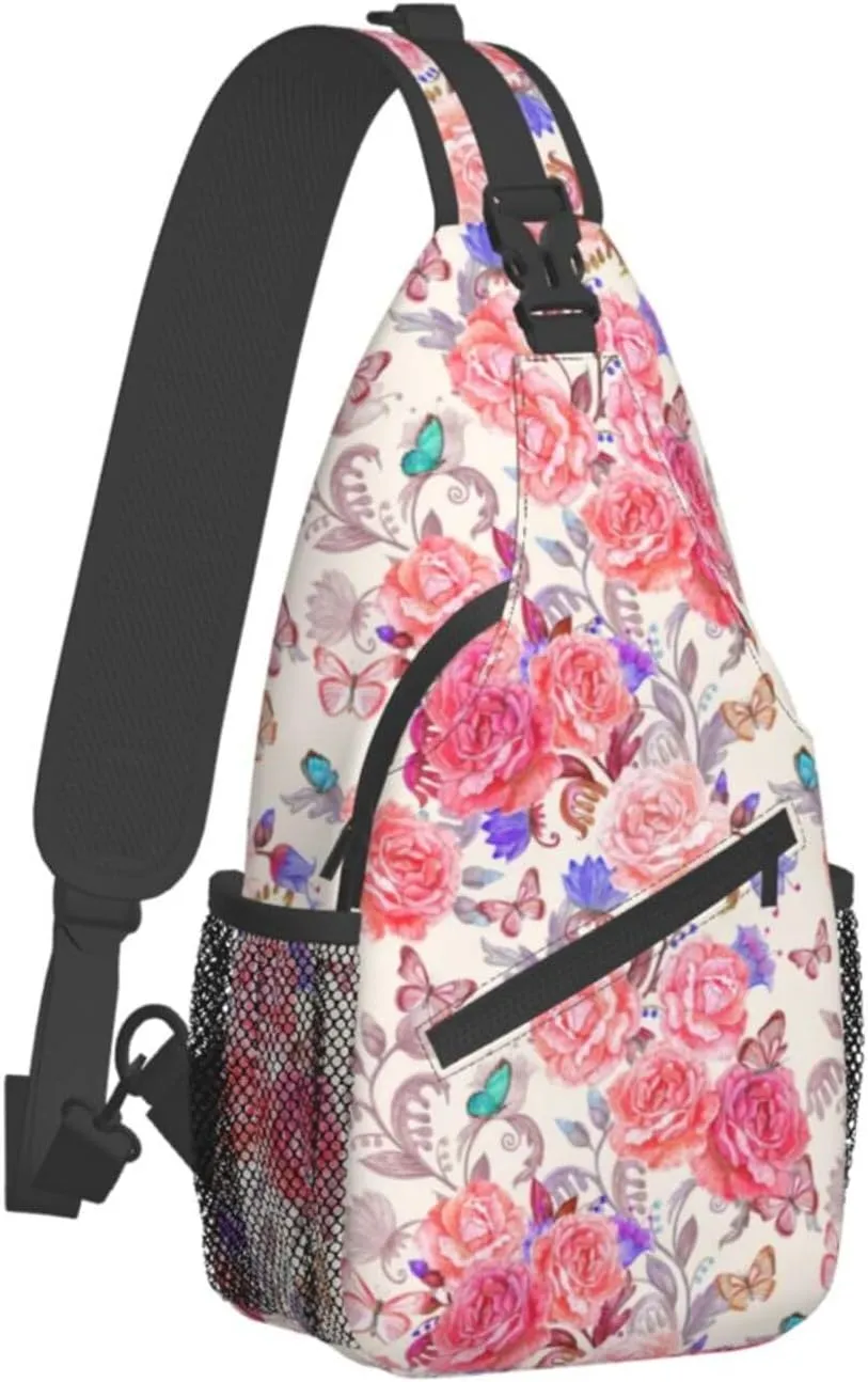 Sling Bag Floral Rose With Leaves Spring Print Sling Backpack Crossbody Chest Bag Daypack For Hiking Travel