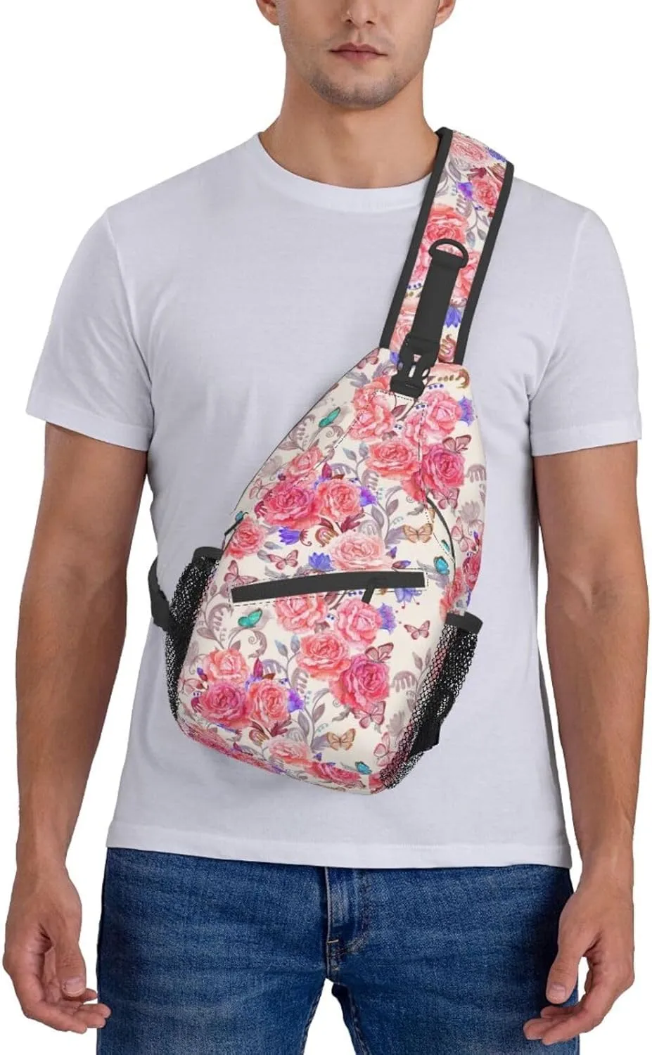 Sling Bag Floral Rose With Leaves Spring Print Sling Backpack Crossbody Chest Bag Daypack For Hiking Travel