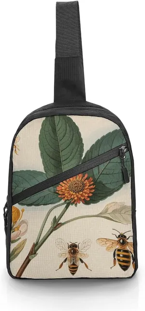 Sling Bag for Women Men Vintage Botanical Bee Illustration Crossbody Bag Casual Daypack Backpack Shoulder Chest Bag Fashion Waist Pack Water Resistant Fanny Pack Crossbody Shoulder Bag