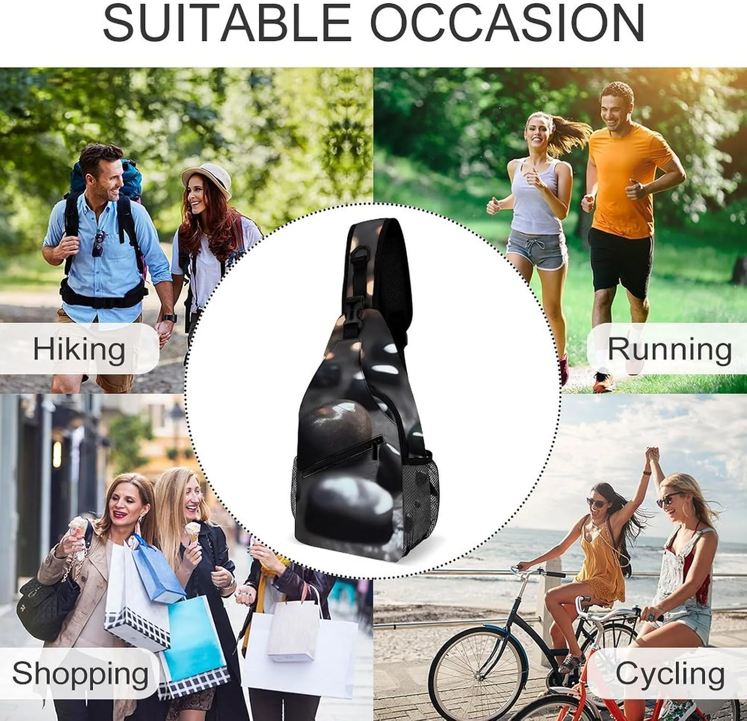 Sling Bag for Women Travel Crossbody Black Mystery Heart Stone Fanny Pack Casual Daypack Cross Body Chest Bag