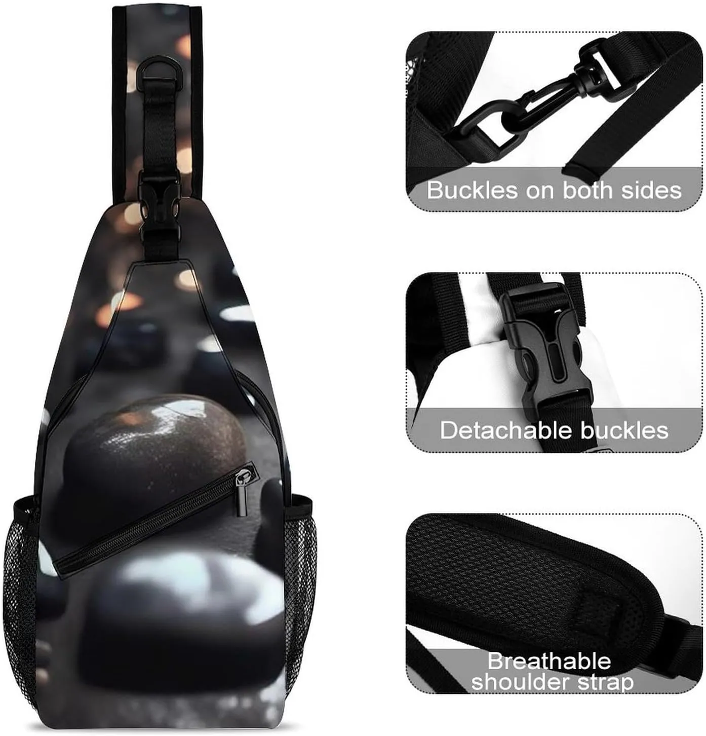 Sling Bag for Women Travel Crossbody Black Mystery Heart Stone Fanny Pack Casual Daypack Cross Body Chest Bag