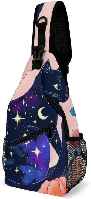 Sling Shoulder Backpack for Men Women Multipurpose Anti-Theft Outdoor Sport Daypack Travel Bag Tactical Satchel, Black Cat Flower Butterfly Starry Sky Dream Scene Art Crossbody Rucksack