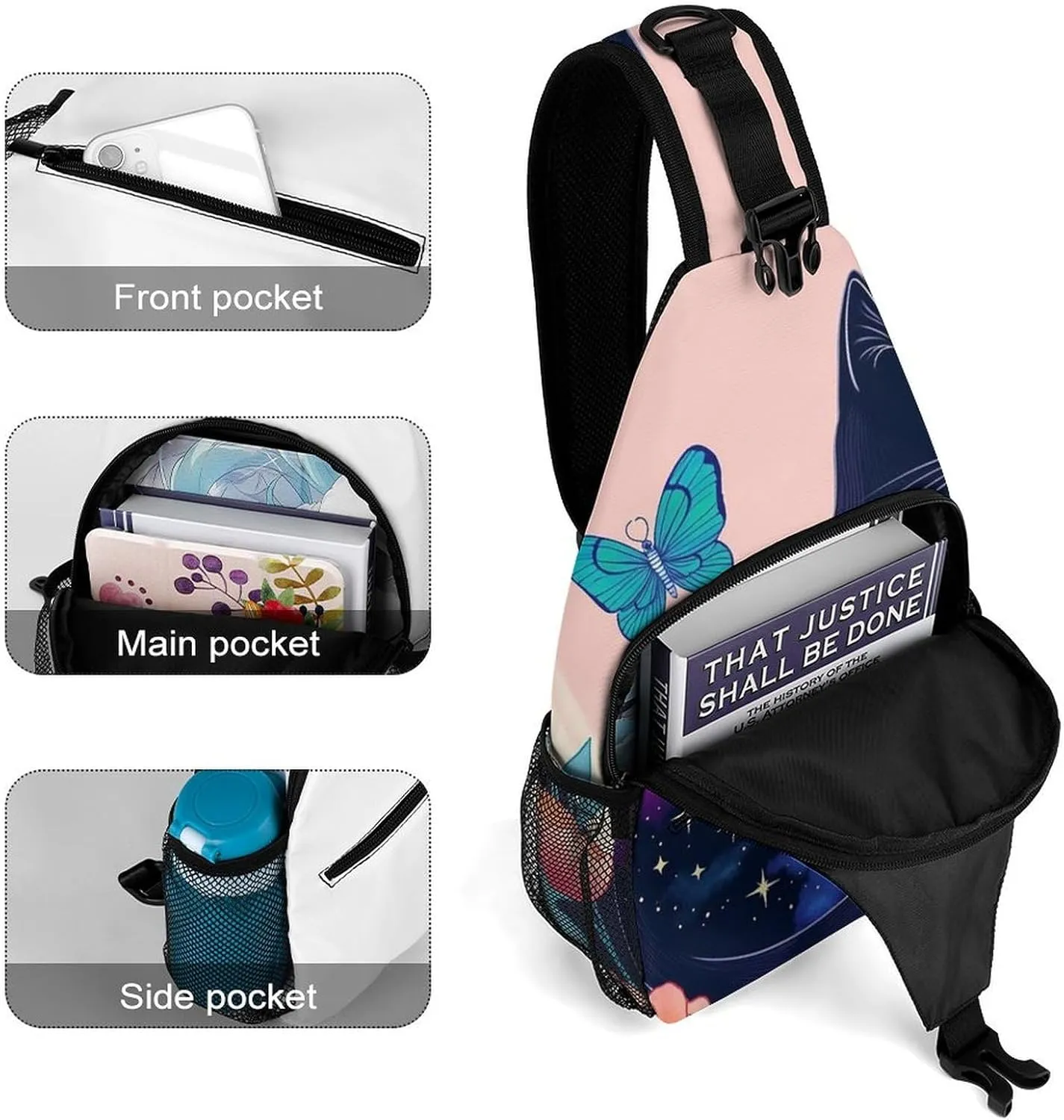 Sling Shoulder Backpack for Men Women Multipurpose Anti-Theft Outdoor Sport Daypack Travel Bag Tactical Satchel, Black Cat Flower Butterfly Starry Sky Dream Scene Art Crossbody Rucksack