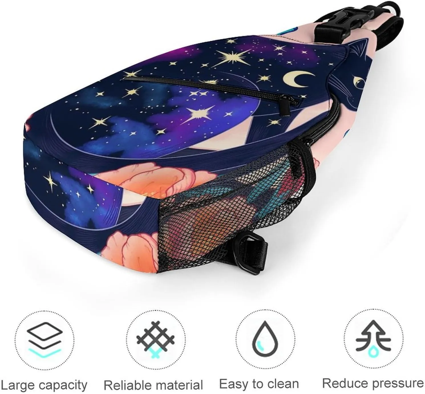 Sling Shoulder Backpack for Men Women Multipurpose Anti-Theft Outdoor Sport Daypack Travel Bag Tactical Satchel, Black Cat Flower Butterfly Starry Sky Dream Scene Art Crossbody Rucksack