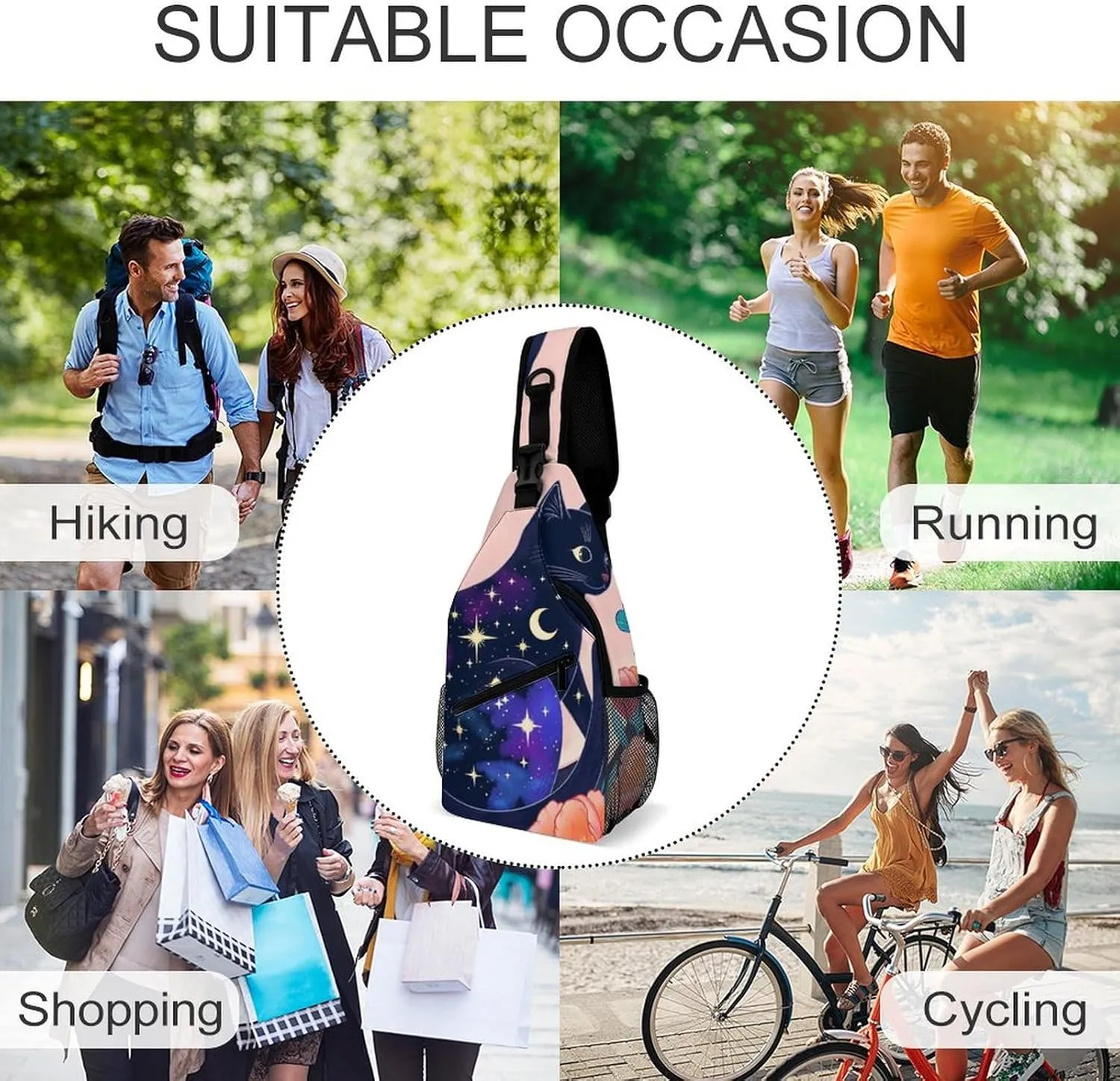 Sling Shoulder Backpack for Men Women Multipurpose Anti-Theft Outdoor Sport Daypack Travel Bag Tactical Satchel, Black Cat Flower Butterfly Starry Sky Dream Scene Art Crossbody Rucksack