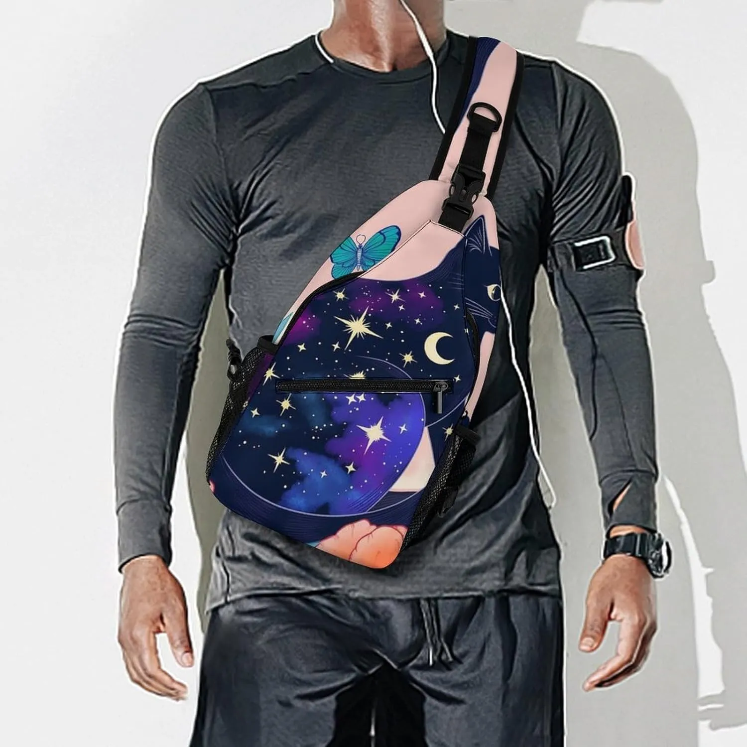 Sling Shoulder Backpack for Men Women Multipurpose Anti-Theft Outdoor Sport Daypack Travel Bag Tactical Satchel, Black Cat Flower Butterfly Starry Sky Dream Scene Art Crossbody Rucksack