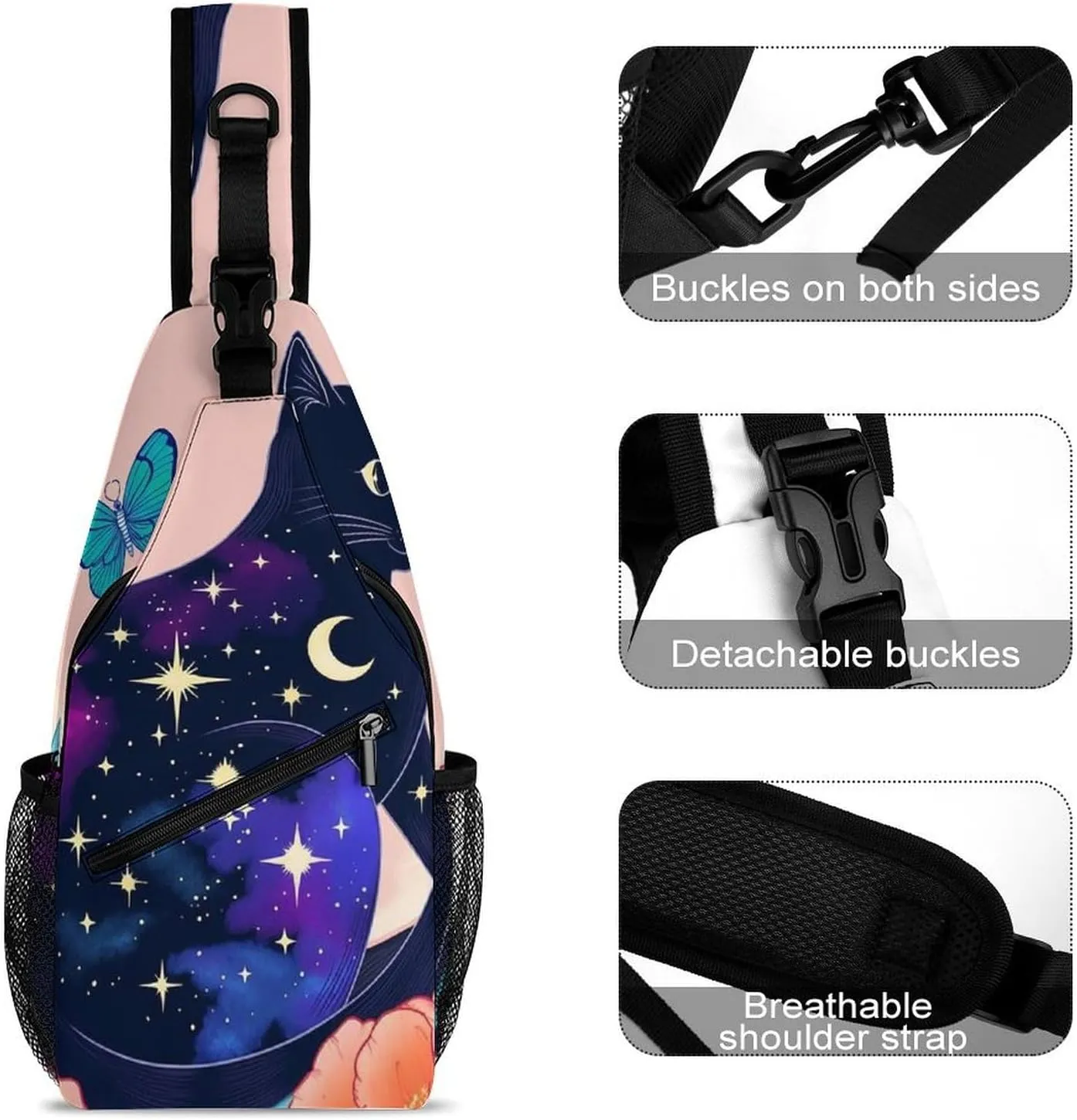 Sling Shoulder Backpack for Men Women Multipurpose Anti-Theft Outdoor Sport Daypack Travel Bag Tactical Satchel, Black Cat Flower Butterfly Starry Sky Dream Scene Art Crossbody Rucksack