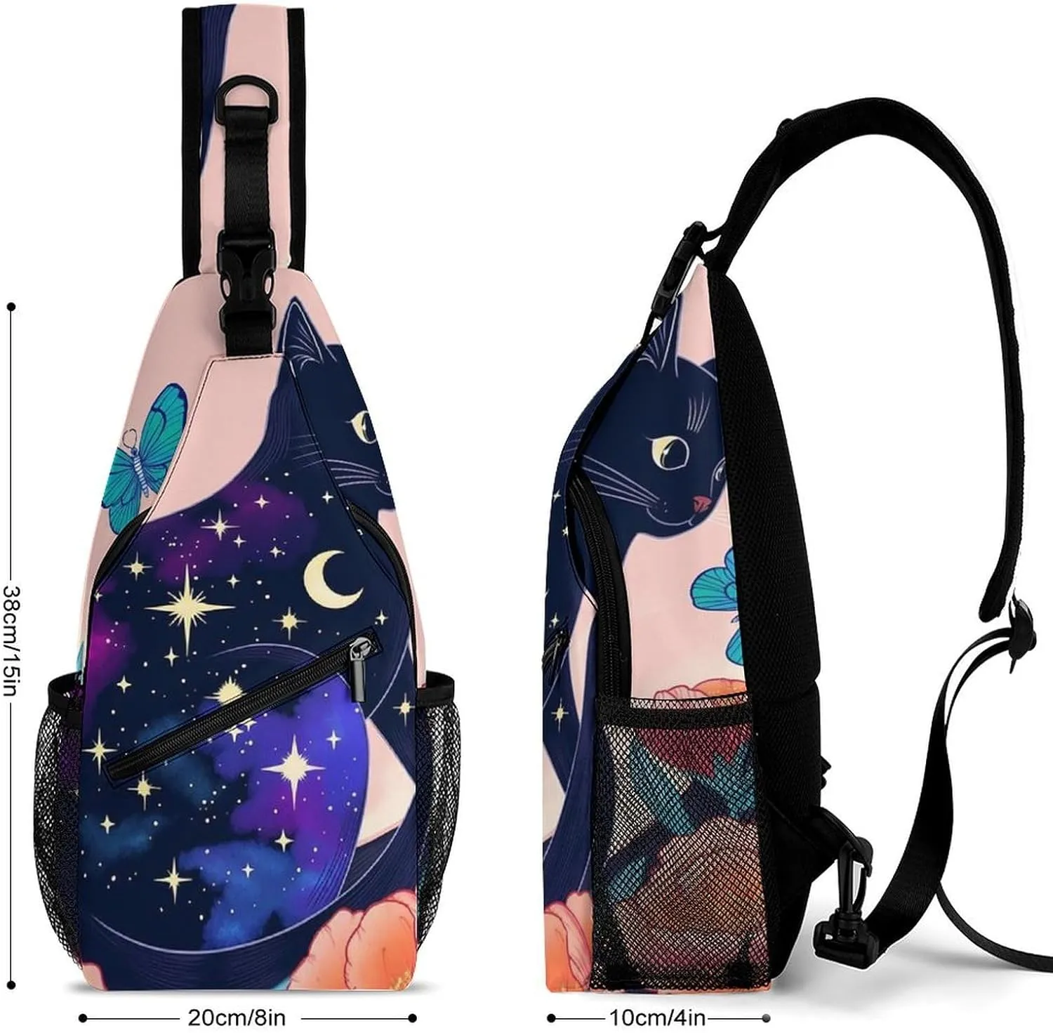 Sling Shoulder Backpack for Men Women Multipurpose Anti-Theft Outdoor Sport Daypack Travel Bag Tactical Satchel, Black Cat Flower Butterfly Starry Sky Dream Scene Art Crossbody Rucksack