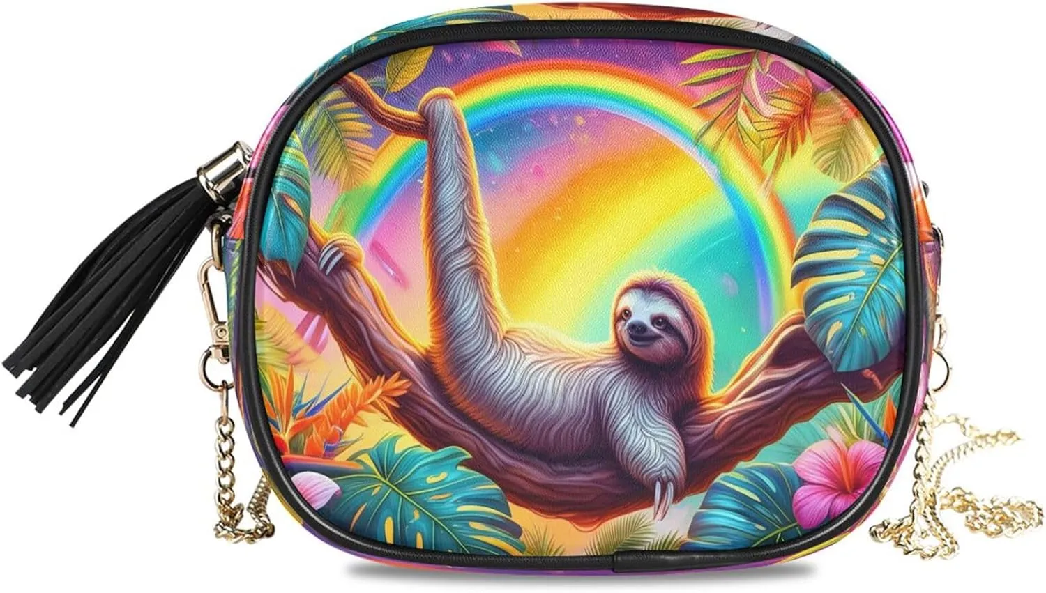 Sloth Tropical Flowers Colorful Crossbody Bags for Women Small Purses Leather Purse Handbags Crossbody Bag with Detachable Chain Evening Bag Clutch Purses Cell Phone Purse