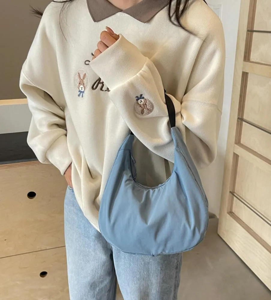 Small Crescent Handbag for Women Cute Nylon Crossbody Bag Half Moon Y2K Underarm Shoulder Bag with Adjustable Strap