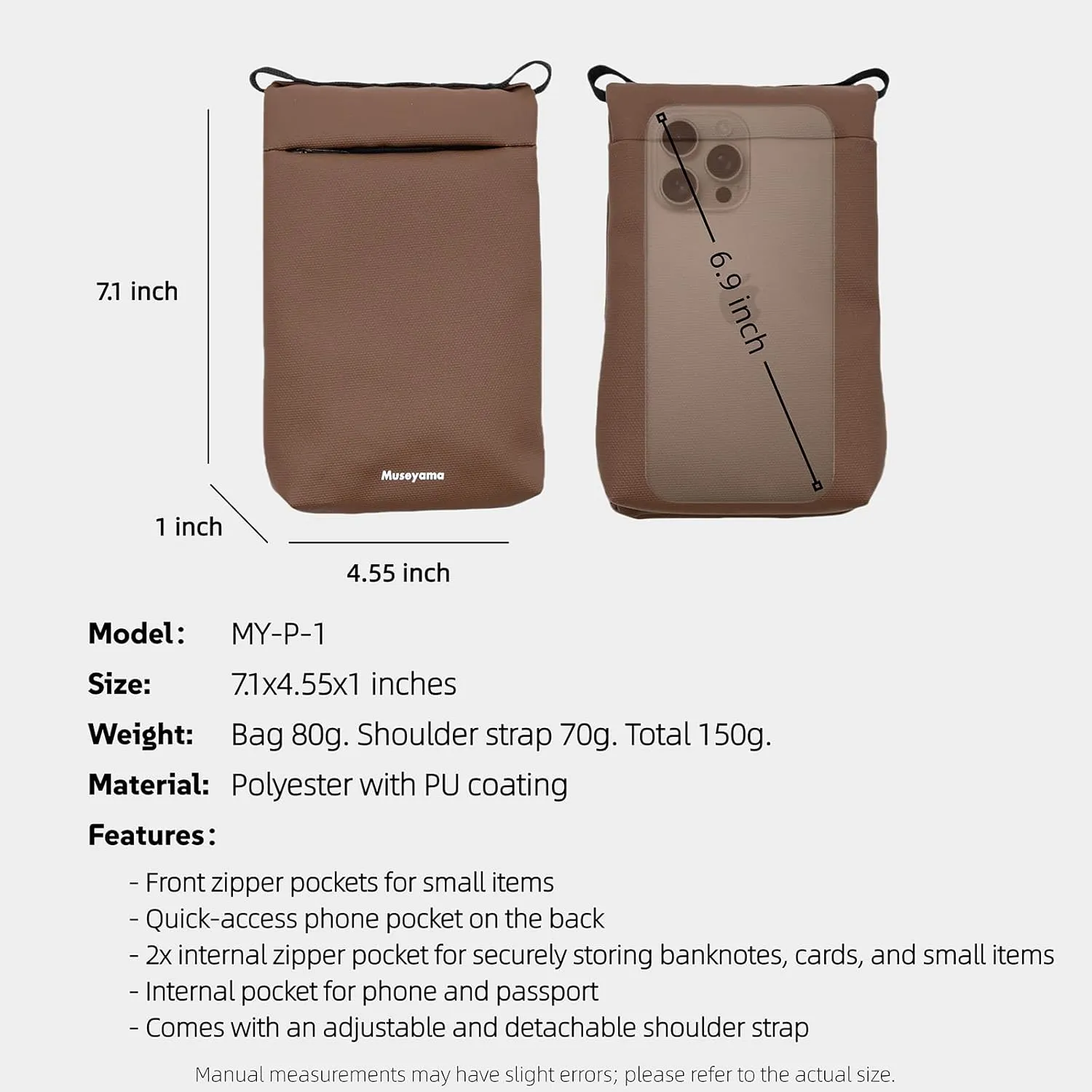 Small Crossbody Bag – Lightweight Foldable Water-Resistant Phone Purse with Adjustable/Detachable Strap