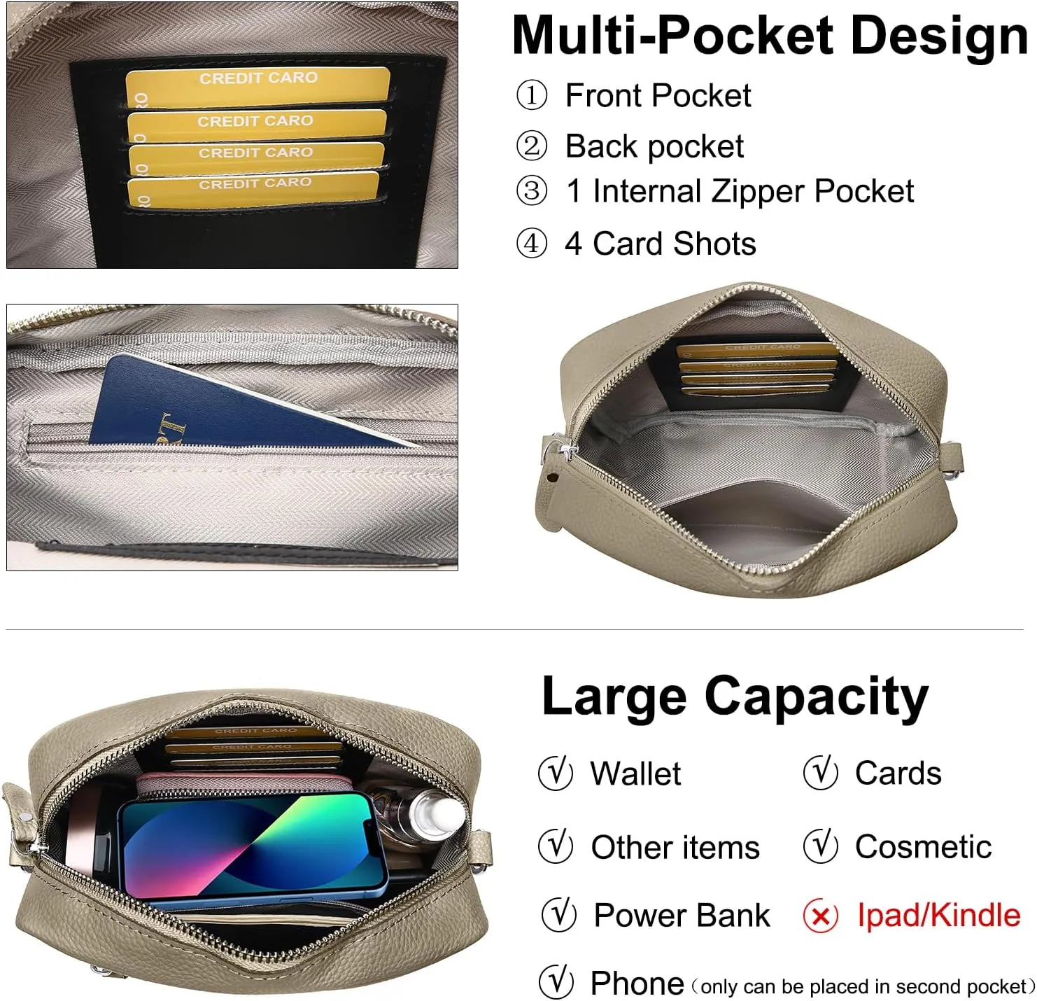 Small Crossbody Bags for Women Genuine Leather, Guitar Strap Shoulder Handbag Purse Camera Bag with Rfid Card Slots