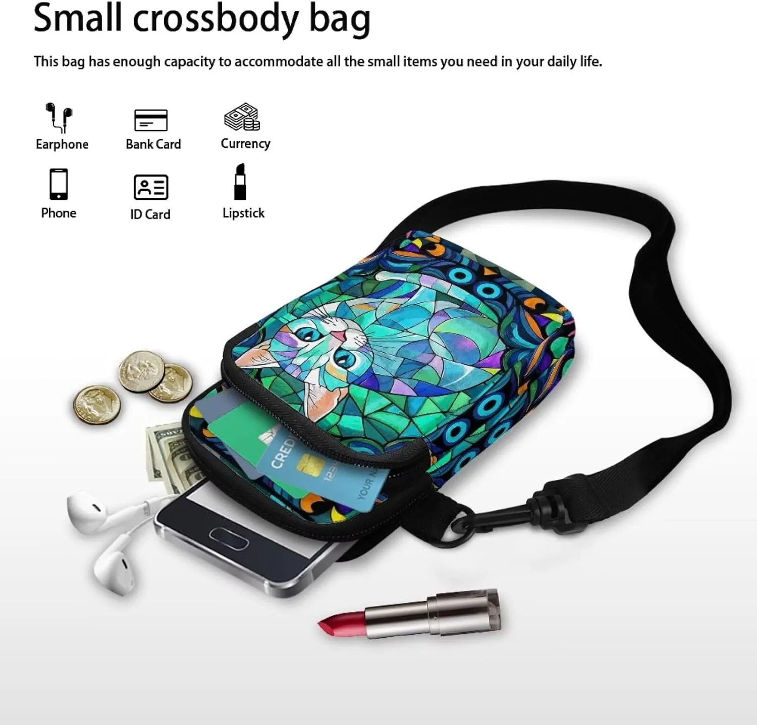 Small Crossbody Bags for Women Peacock Birds Cell Phone Purses, Skulls Print Sling Handbags Travel Pouch Wallet