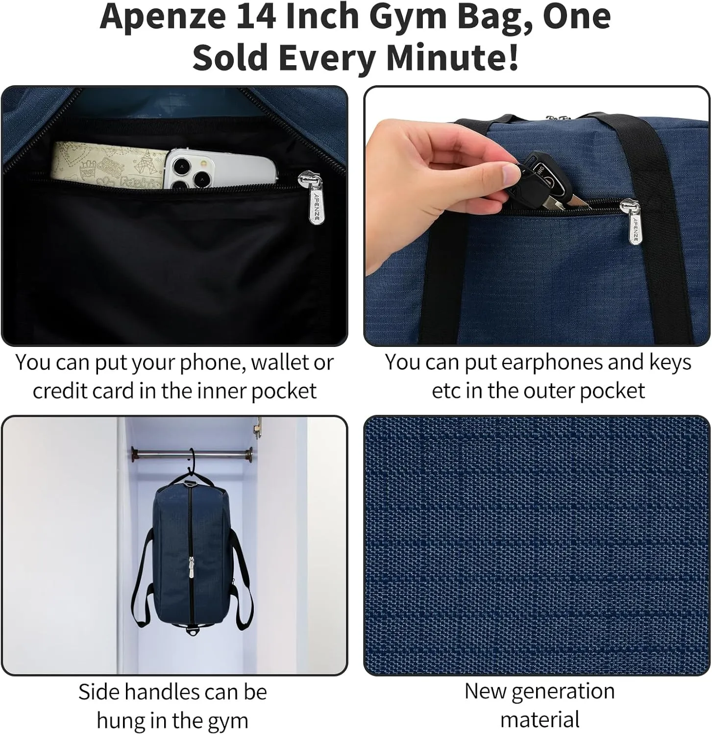 Small Gym Bag 14 inch lightweight Carry On Mini Duffel Bag for Travel Sport - Navy Blue