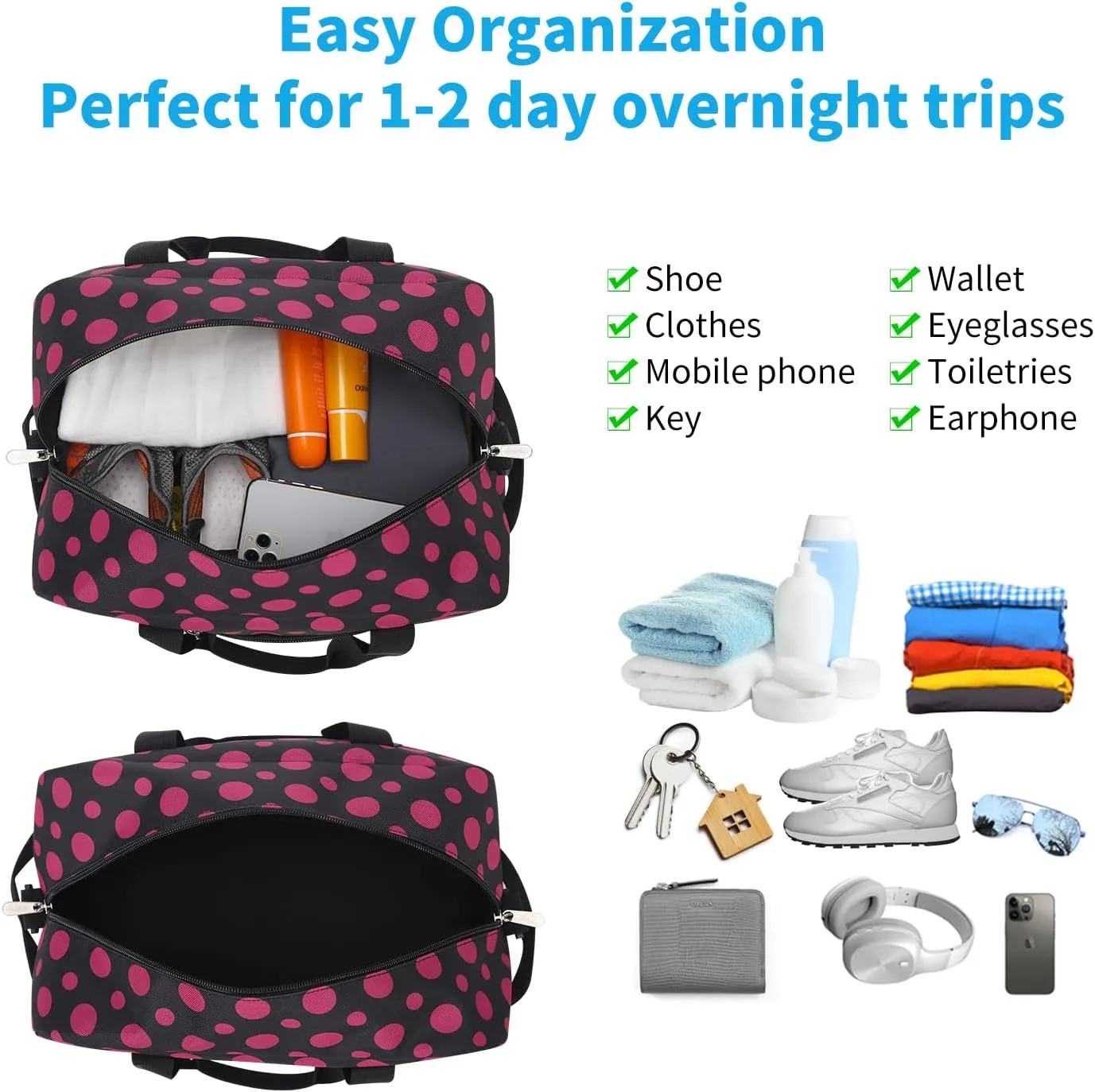 Small Gym Bag 14 inch lightweight Carry On Mini Duffel Bag for Travel Sport - Polka Dot Pink