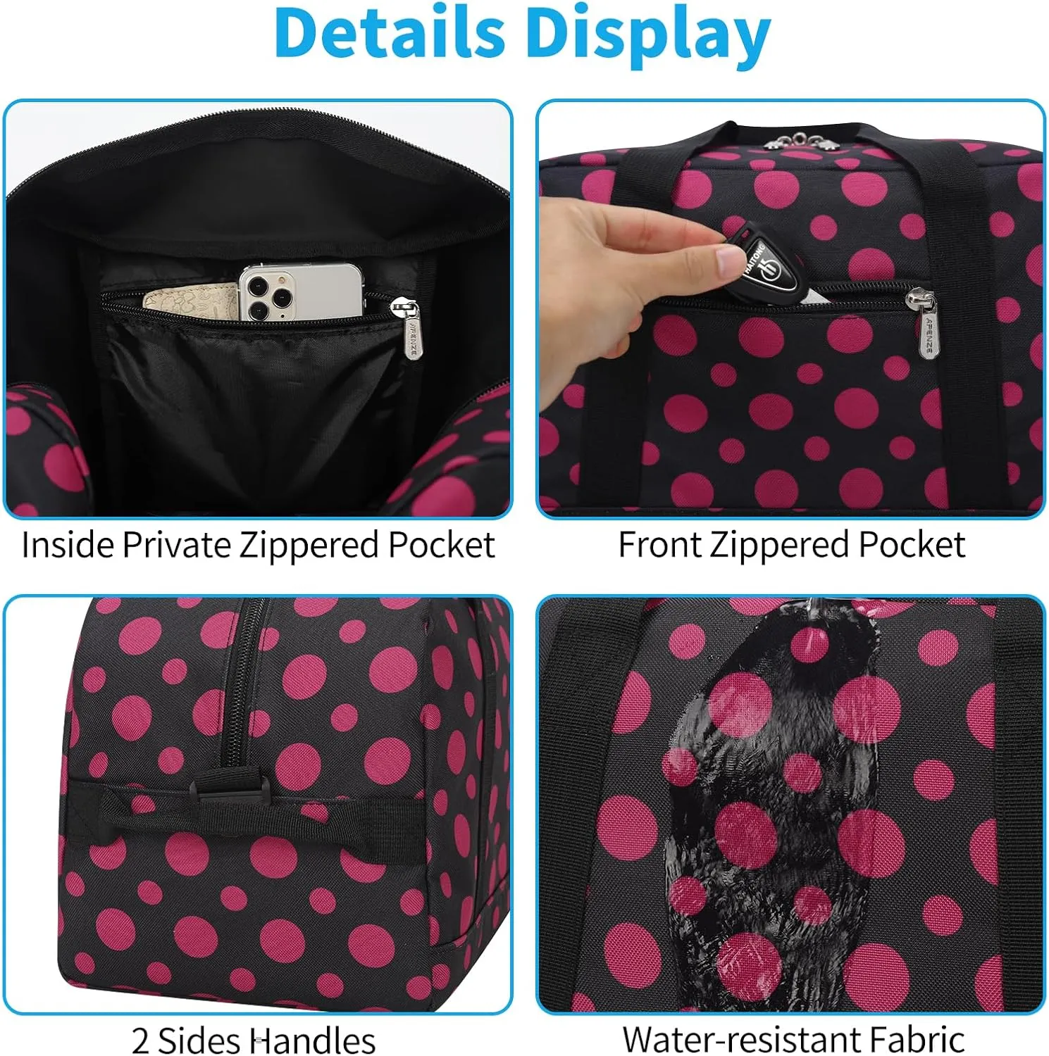 Small Gym Bag 14 inch lightweight Carry On Mini Duffel Bag for Travel Sport - Polka Dot Pink